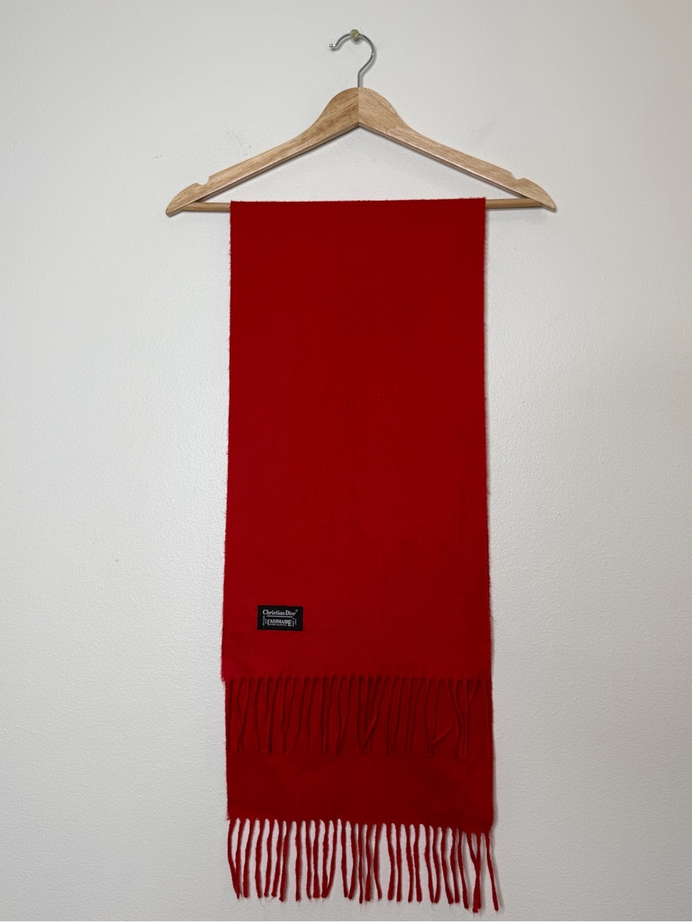 Vintage Christian Dior Cashmaire 100% Acrylic Bright Red Fringe Scarf